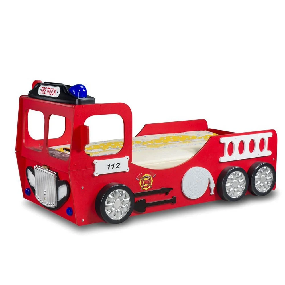 Letto camion dei pompieri SAM FIRE TRUCK SINGLE in MDF con luci sul tettino