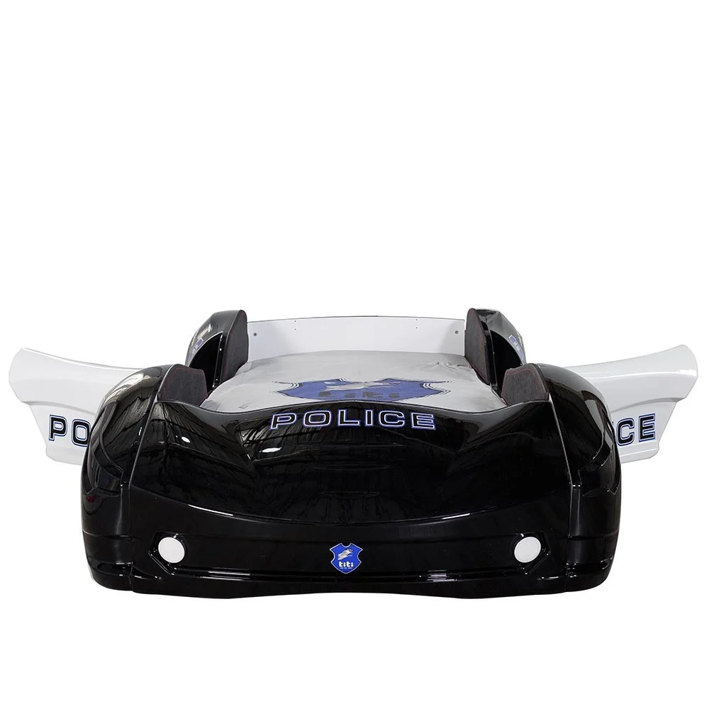 Letto a forma di auto della Polizia rivestito in pelle con luci, suoni e altoparlante