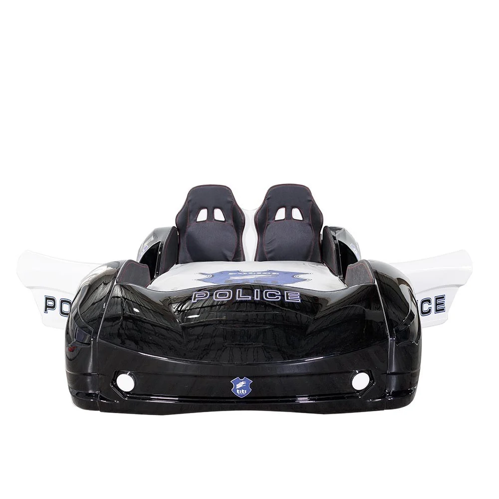 Letto a forma di auto della Polizia rivestito in pelle con sedili imbottiti