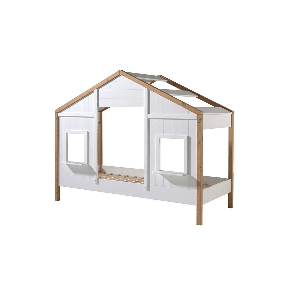 Letto singolo a forma di casa realizzato in legno massello e legno MDF