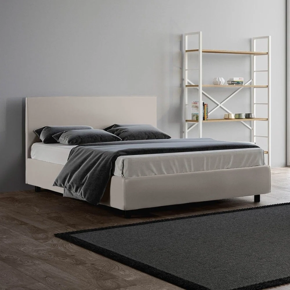 Letto matrimoniale Adele con o senza contenitore con rete a doghe inclusa rivestito in similpelle disponibile in due colori
