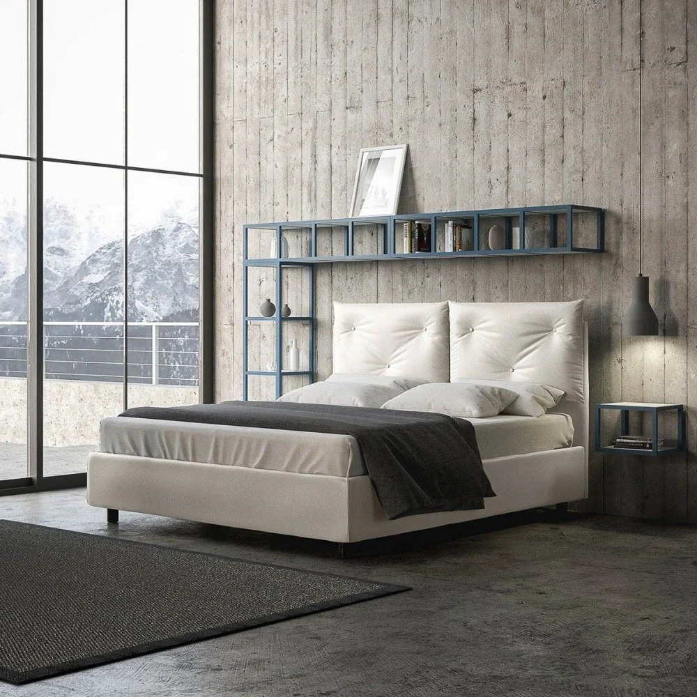 Letto matrimoniale Appia rivestito in similpelle completamente sfoderabile con struttura a contenitore o senza