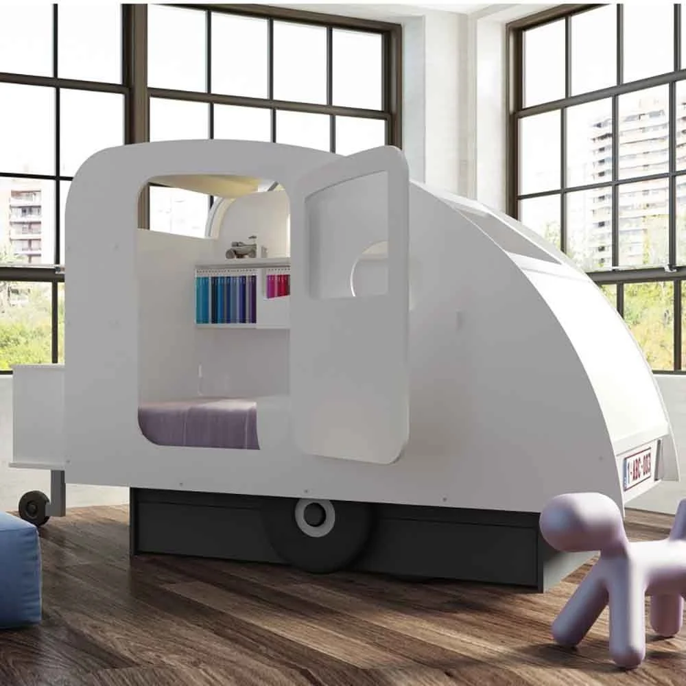 Letto per bambini Roulotte di Mathy by Bols con cassetto e baule porta giochi