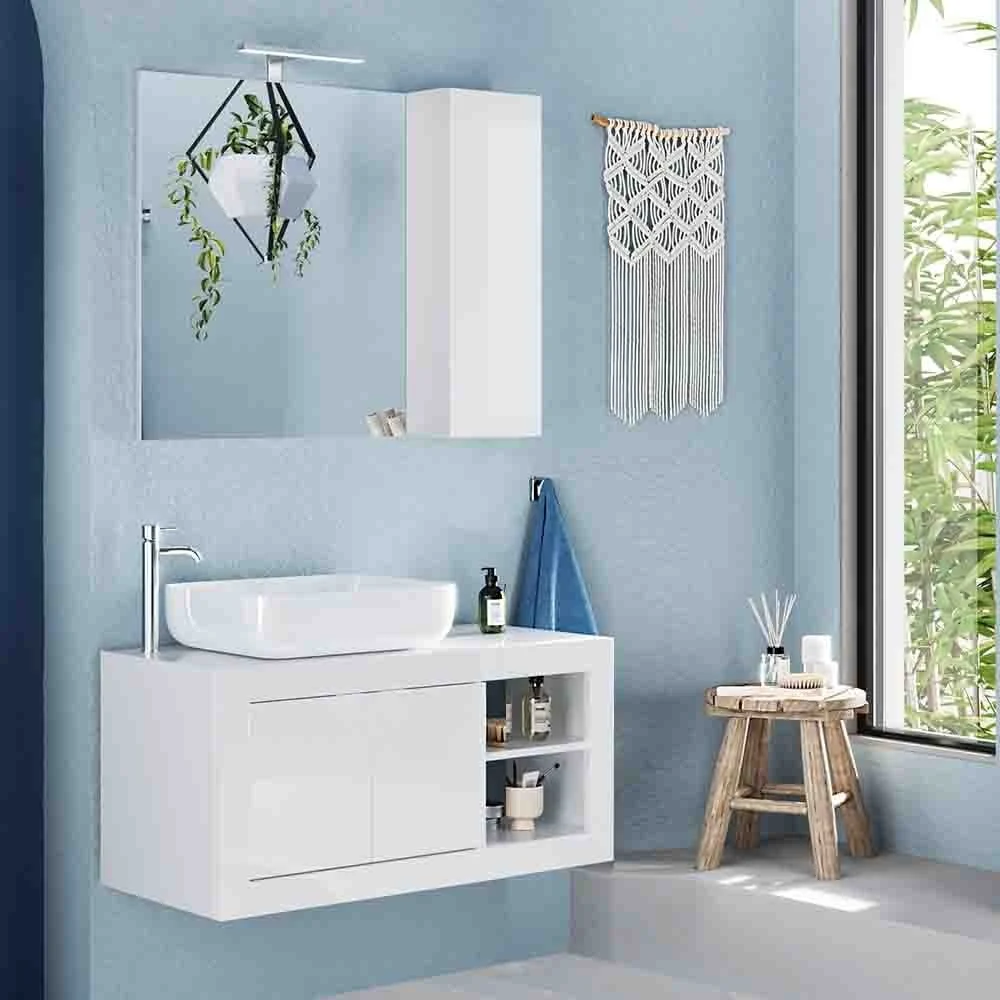 Composizione mobile bagno sospeso o da terra con specchiera e vano chiuso, in due dimensioni