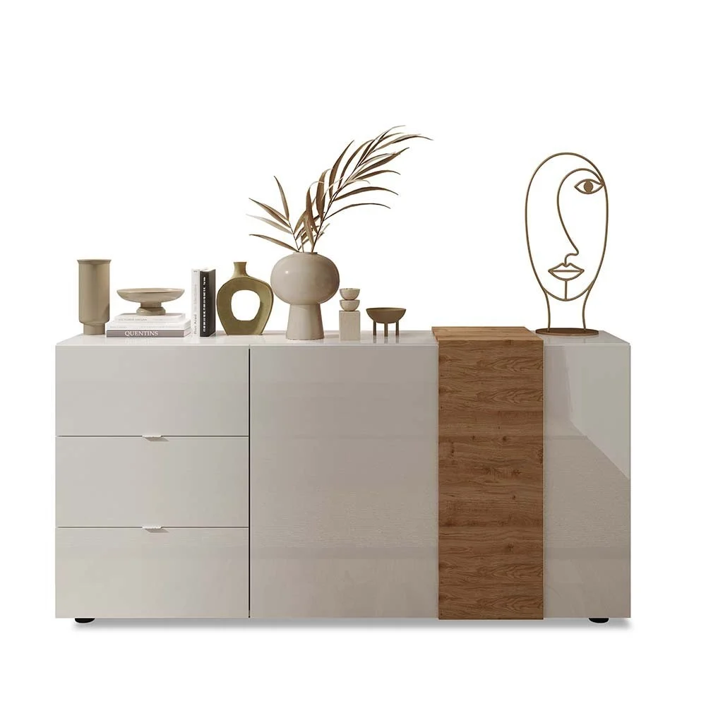 Mobile madia contenitore con cassettiera e due ante, con particolare in legno, in tre finiture