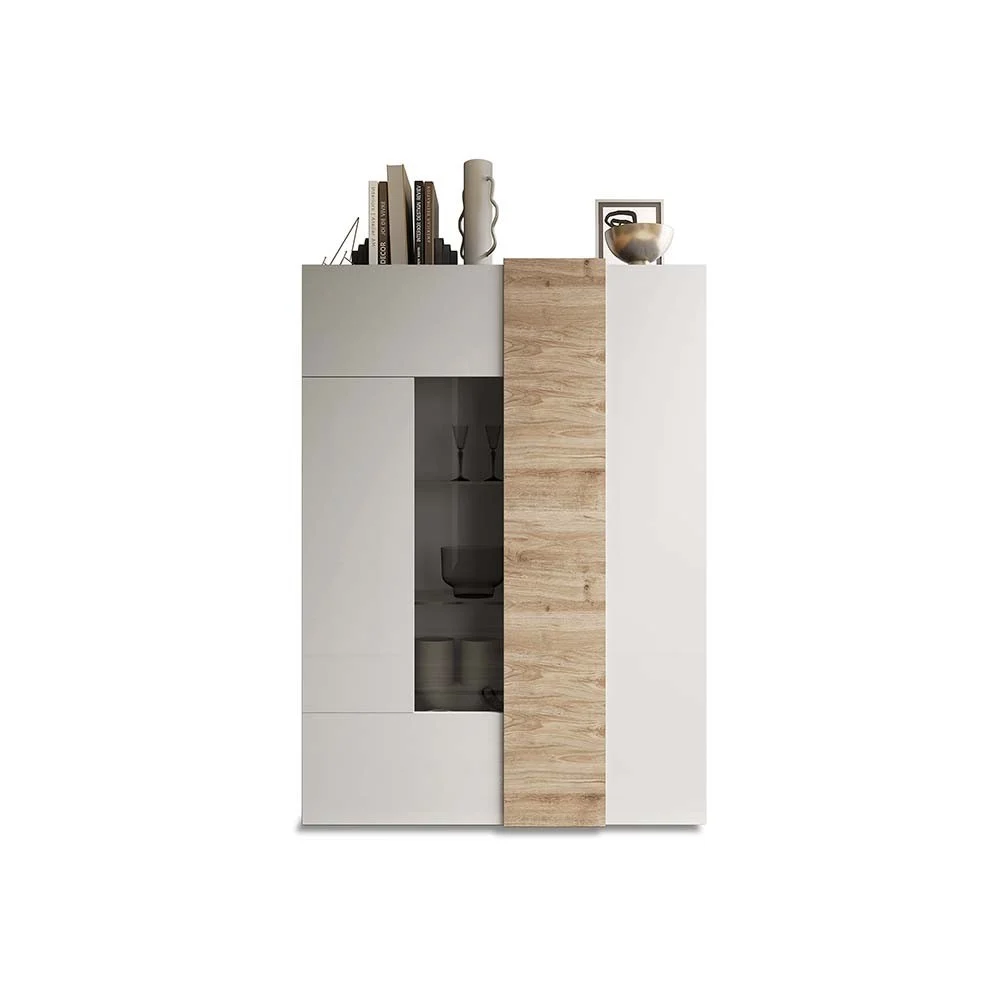 Mobile soggiorno vetrina a due ante con particolare in legno frontale in tre finiture