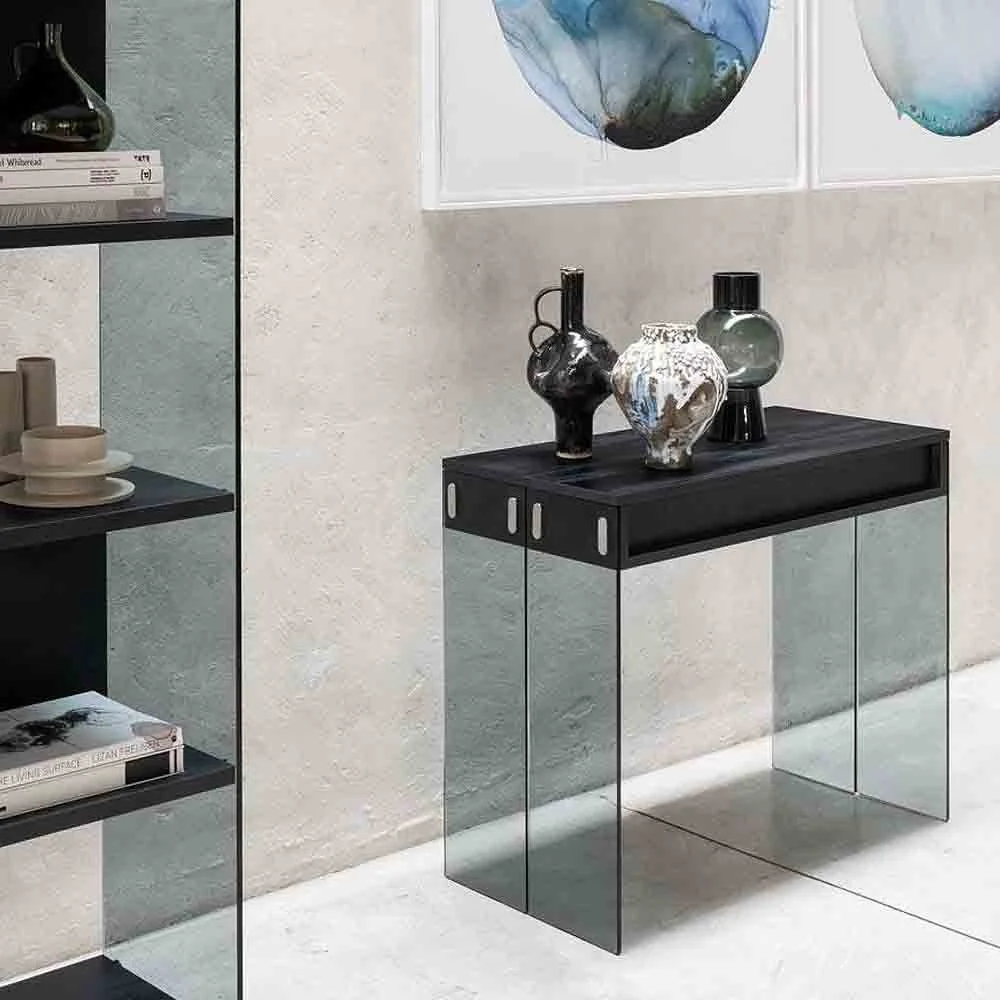 Pezzani City tavolo-consolle con piano in laminato ecologico e gambe in vetro fume con 4 o 5 allunghe
