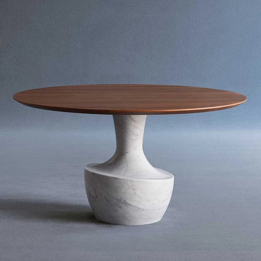 Potocco tavolo Anfora con base in marmo di Carrara e piano in Noce Canaletto in due diametri cm 140 e cm 160
