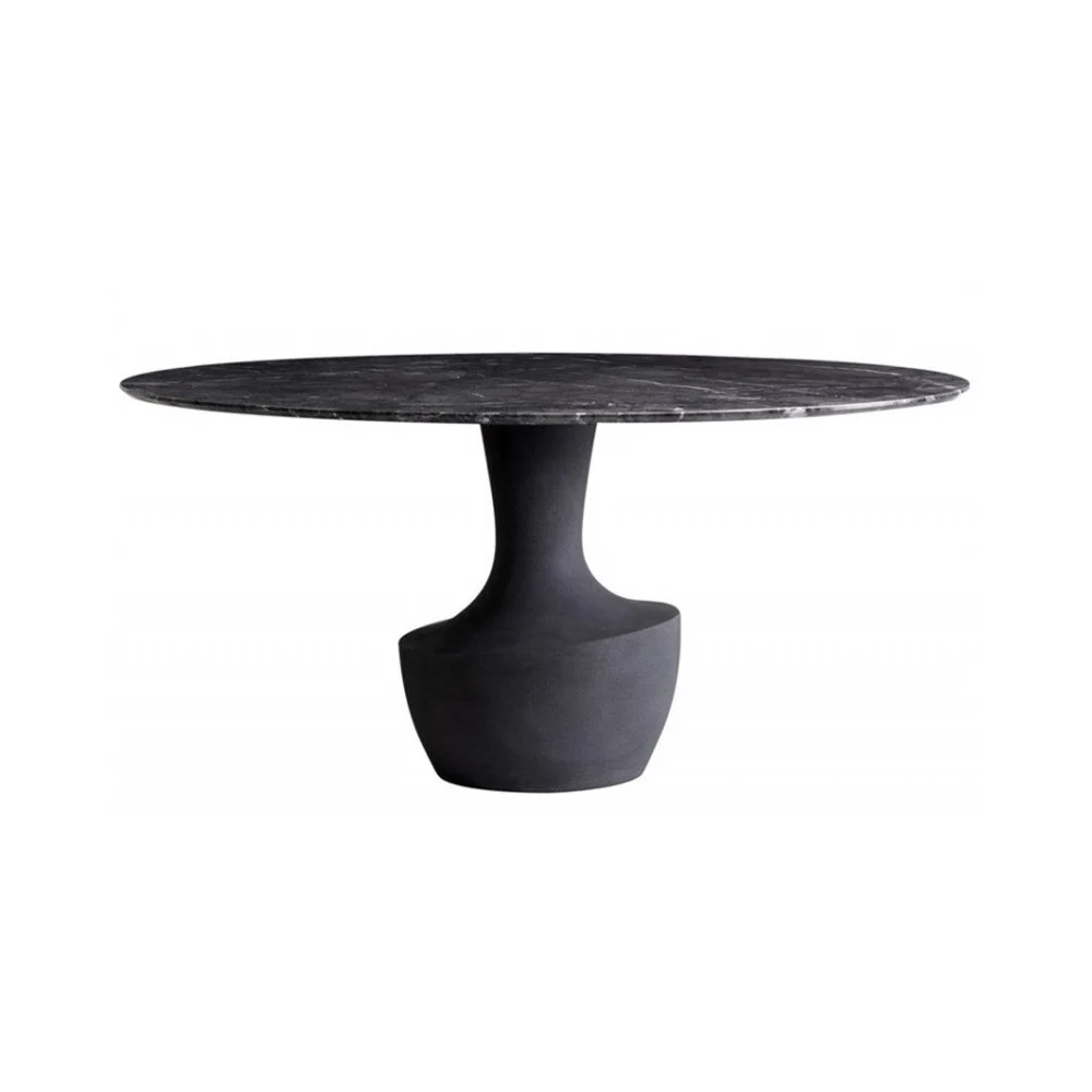 Potocco tavolo Anfora con base in Quarzo Resinato antracite e piano Marmo Grigio Carnico in due diametri cm 140 e cm 160