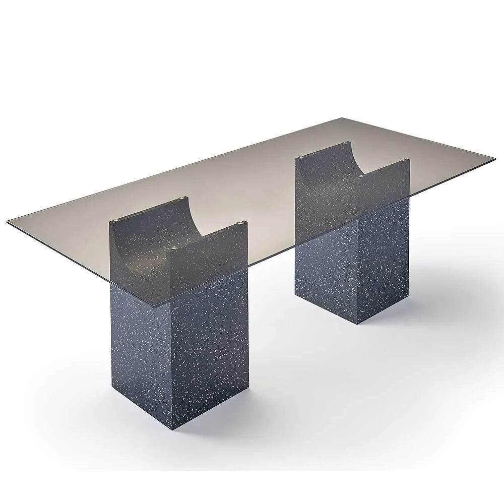 Sancal Vestige tavolo fisso con base a due torrette in IQ di Tarkett e piano in vetro bronzato