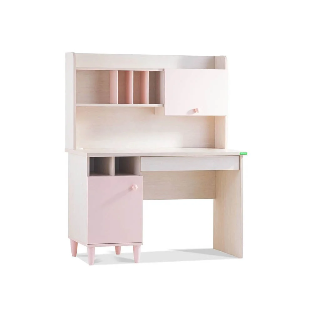 Scrivania con libreria della Linea Pollina con alzata sopra piano con cassetto, 2 vani con anta e vani porta oggetti