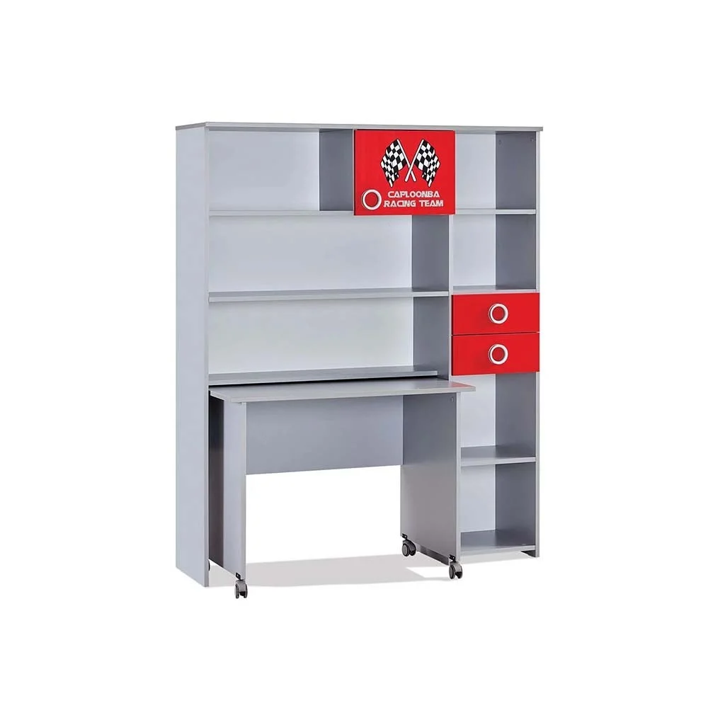 Scrivania con libreria della Linea Turbo Cap con due cassetti e scrivania su ruote