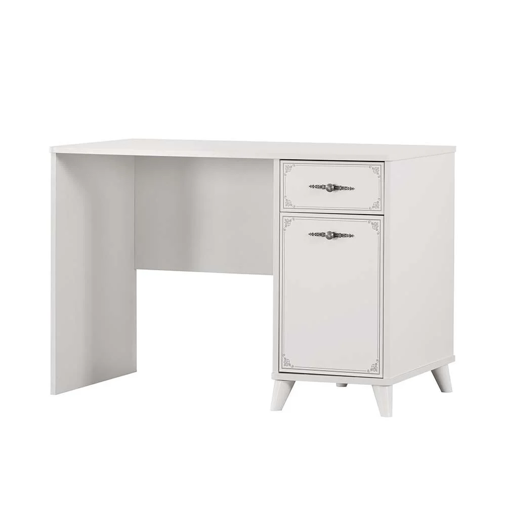 Scrivania Perla realizzata in legno melaminico con chiusure cassetti ammortizzata e stampe UV
