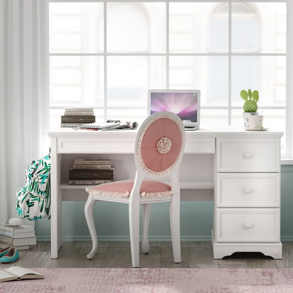 Cilek Scrivania Rustic White in legno bianco con cassetti e decori floreali disponibile con pannello o senza