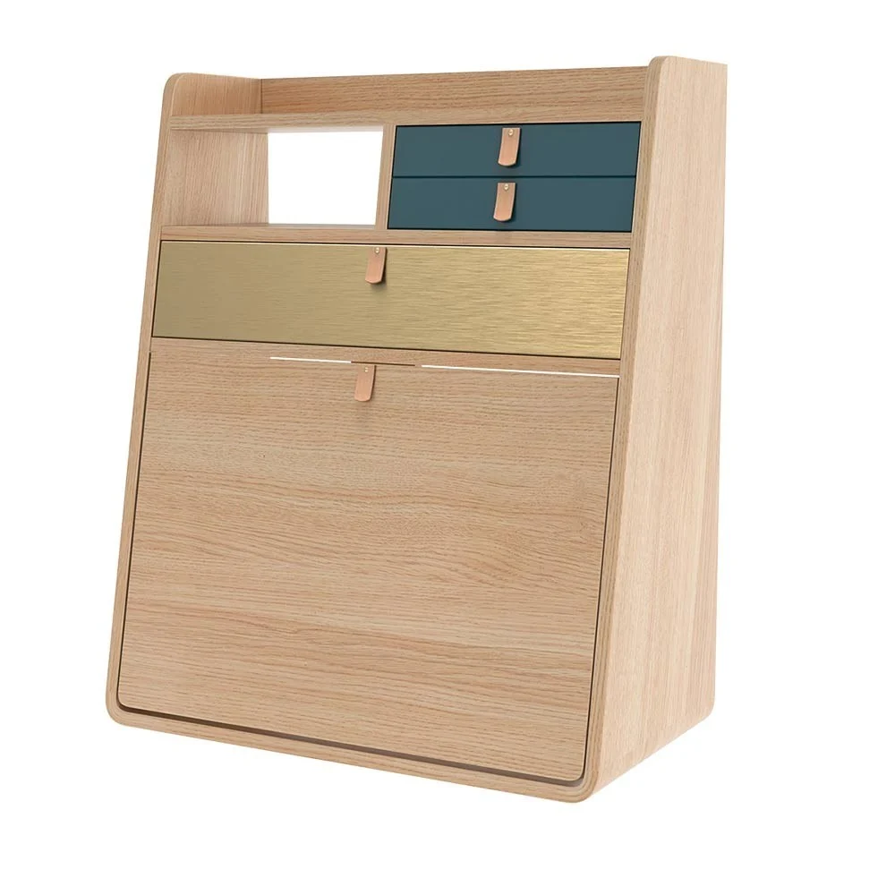 Segretario da parete Gaston 60 cm rovere - ottone spazzolato e blu petrolio