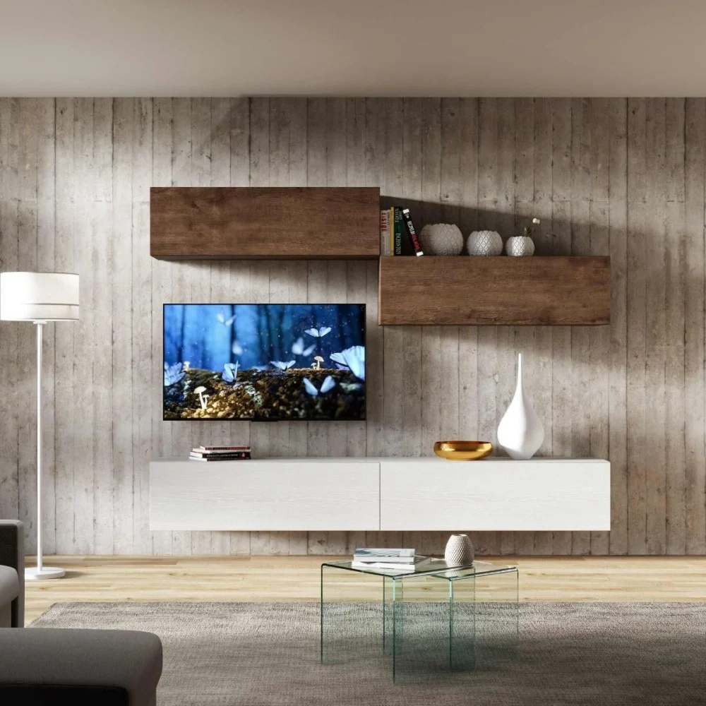 Soggiorno Isoka A02 di Itamoby realizzato in legno compreso di 4 pensili orizzontali