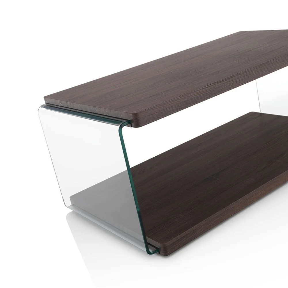 Tavolino da salotto Noce in vetro temperato e piano e base in legno MDF