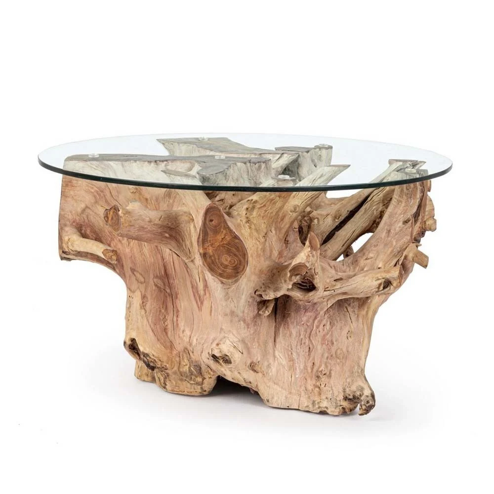 Tavolino Rosalind con piano in vetro e base in legno di radici secolari di teak