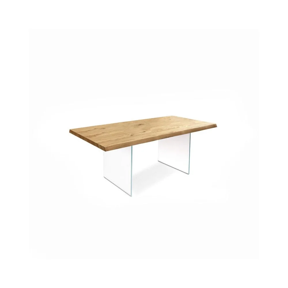 Tavolo Fisso o Allungabile Snooker con basamento in vetro trasparente e piano in legno finitura rovere tinto