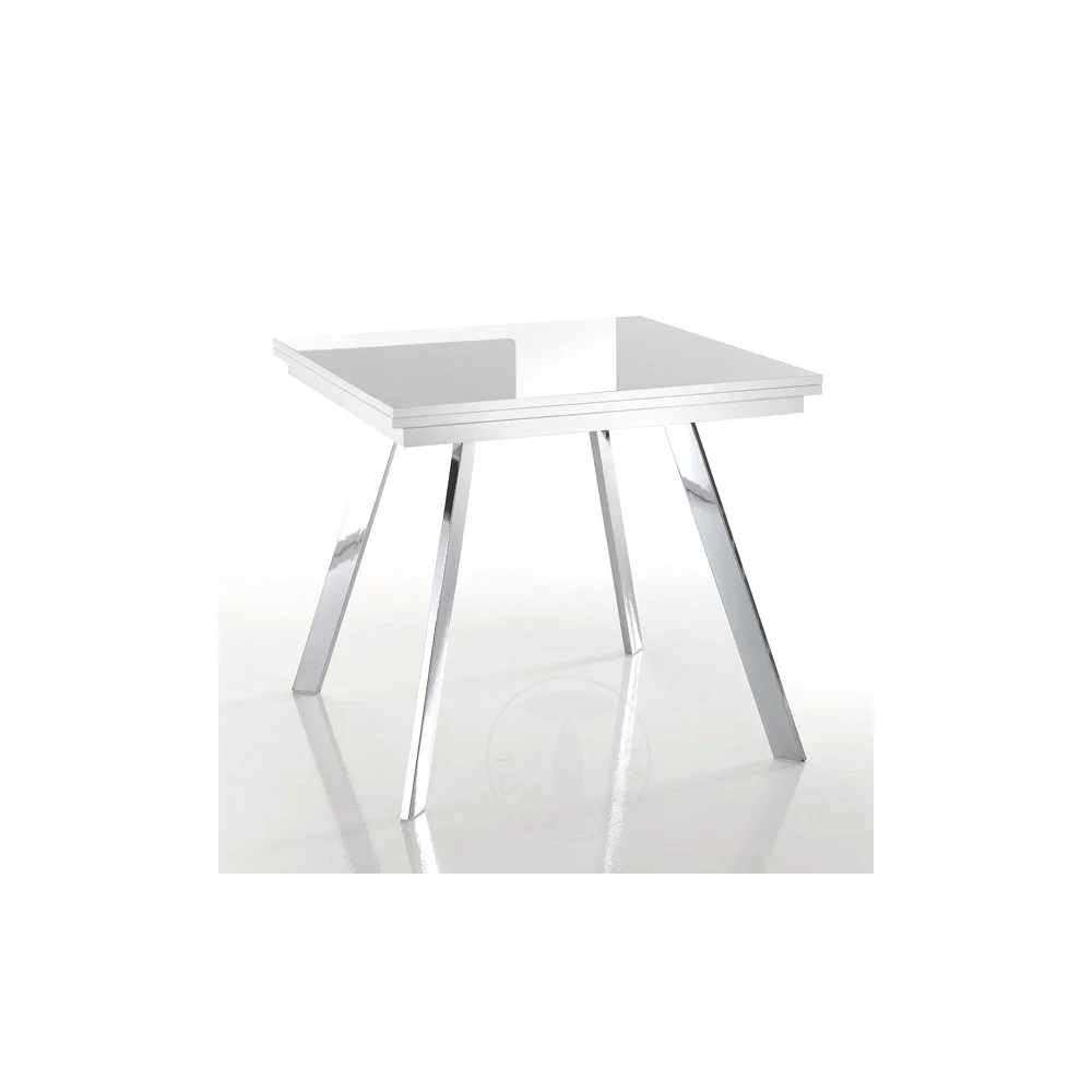 Tavolo allungabile Riky di Tomasucci con struttura in metallo cromato e piano in legno MDF laccato bianco lucido