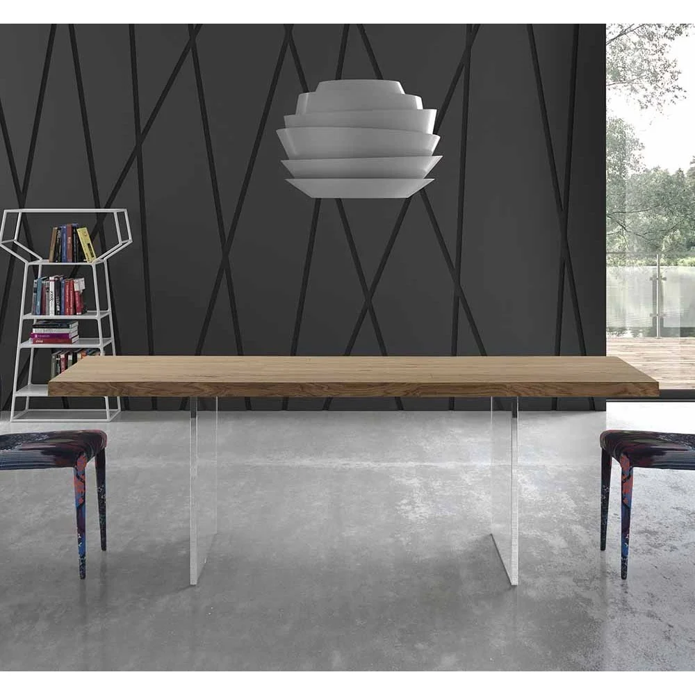 Tavolo Stratos di Di Lazzaro realizzato con struttura in vetro e piano in legno