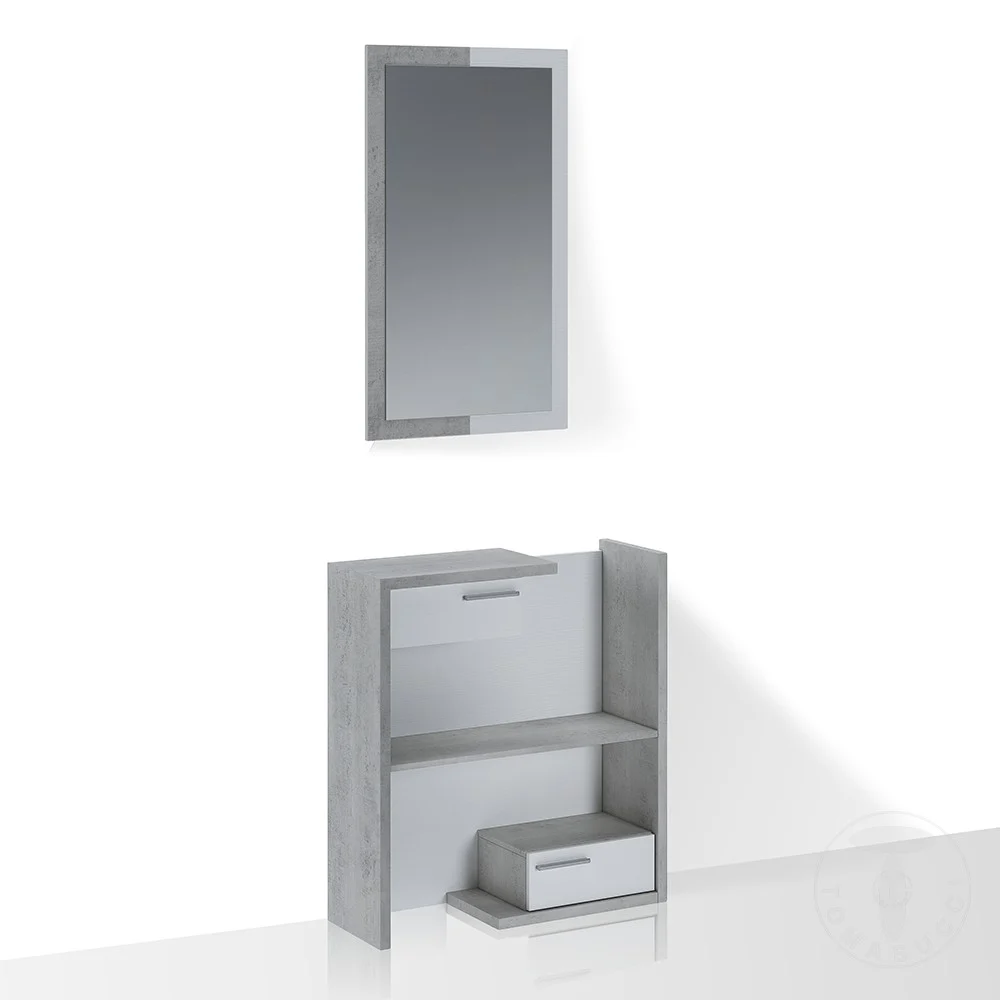 Tomasucci mobile da ingresso Kiara Cement con finiture in cemento e Larice bianco a poro aperto.