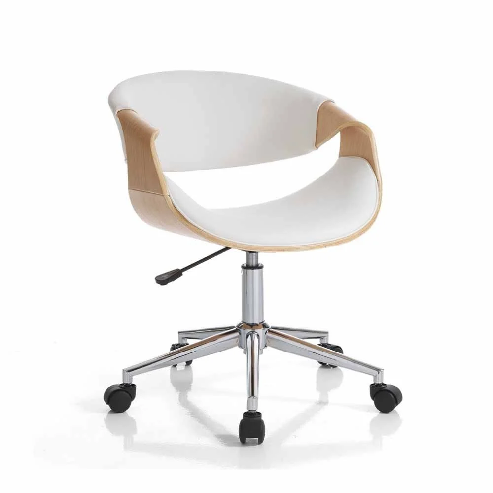 Tomasucci Visby Wood poltrona da ufficio  in multistrato curvato finitura rovere rivestito in pelle sintetica bianca