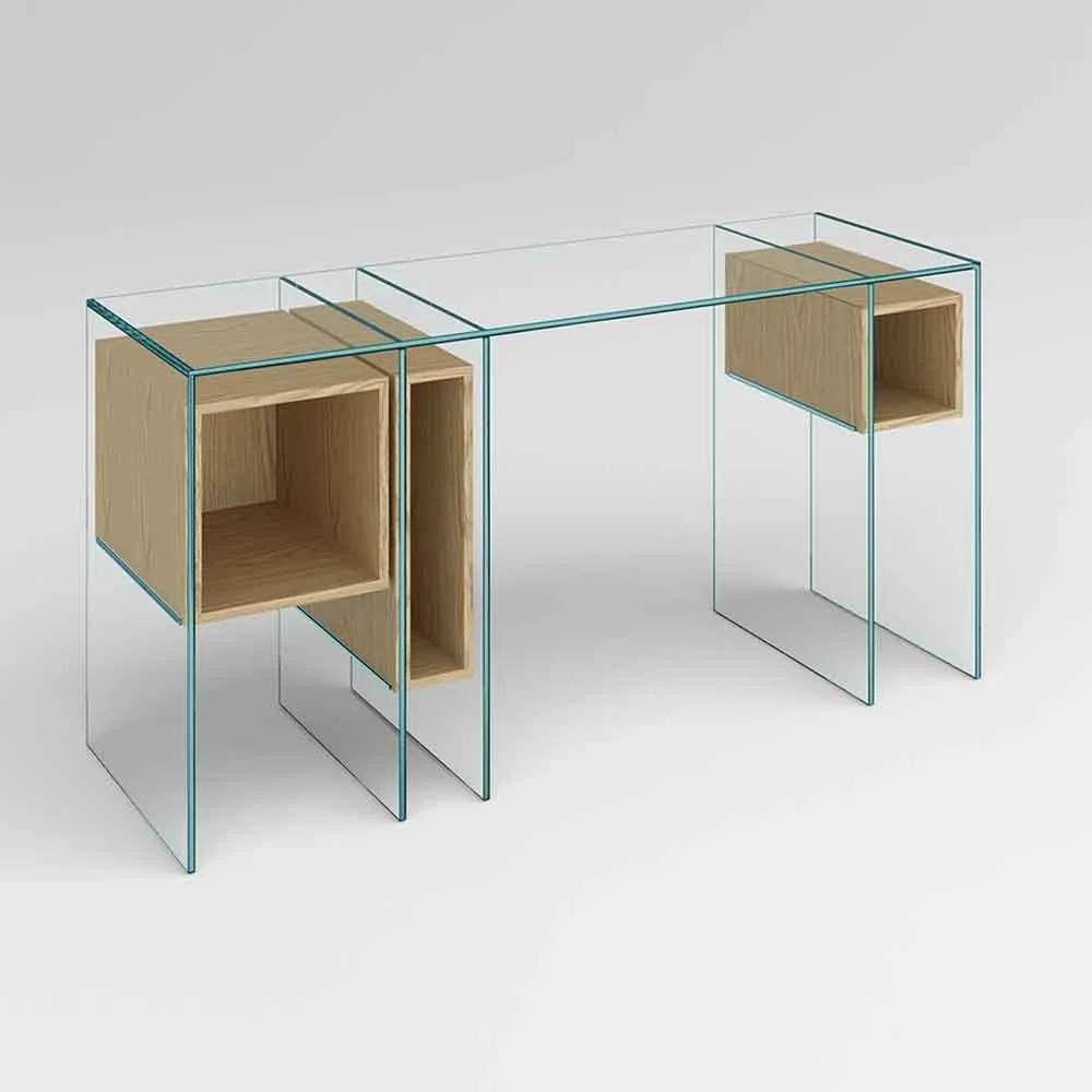 Tonelli Design Marcell Consolle con struttura in vetro e contenitori in legno in finitura Rovere Naturale.