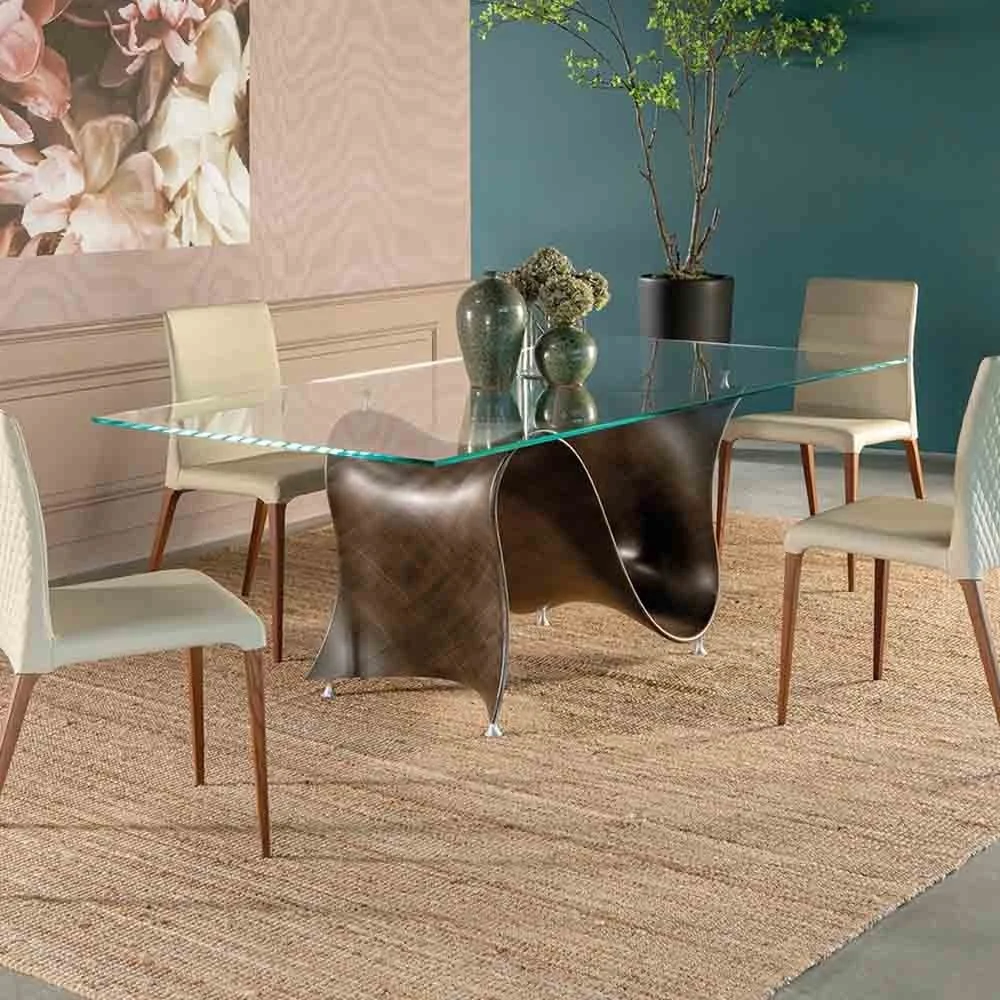 Tonin Casa tavolo fisso Wave con struttura in resina Baydur e piano in vetro extrachiaro trasparente