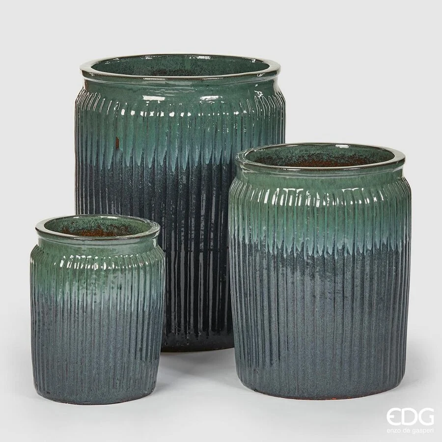 EDG Enzo De Gasperi Set 3 Pz Vaso Glaze Rotondo H 70 Cm H 55 Cm H 40 Cm Waterproof Teal