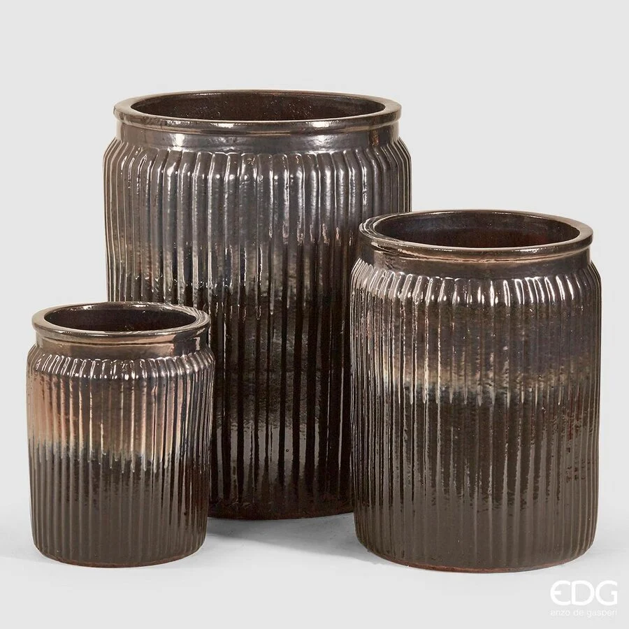 EDG Enzo De Gasperi Set 3 Pz Vaso Glaze Rotondo H 70 Cm H 55 Cm H 40 Cm Waterproof Black Silver