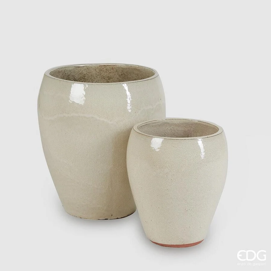 EDG Enzo De Gasperi Set 2 Pz Vaso Glaze Bombato H 42 Cm H 32 Cm Waterproof Ivory