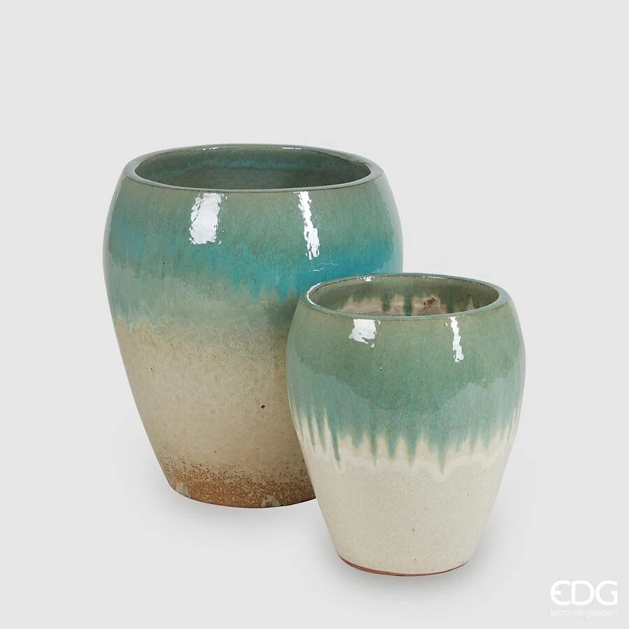 EDG Enzo De Gasperi Set 2 Pz Vaso Glaze Bombato H 42 Cm H 32 Cm Waterproof Green Mix
