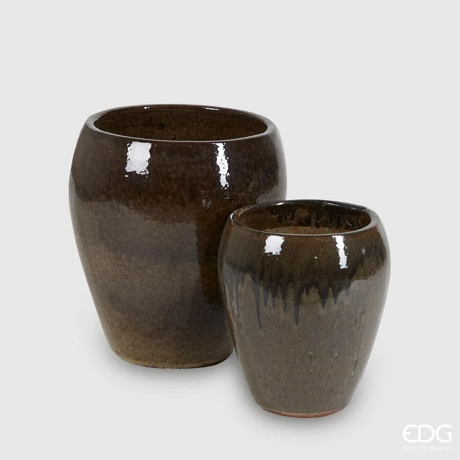 EDG Enzo De Gasperi Set 2 Pz Vaso Glaze Bombato H 42 Cm H 32 Cm Waterproof Olive