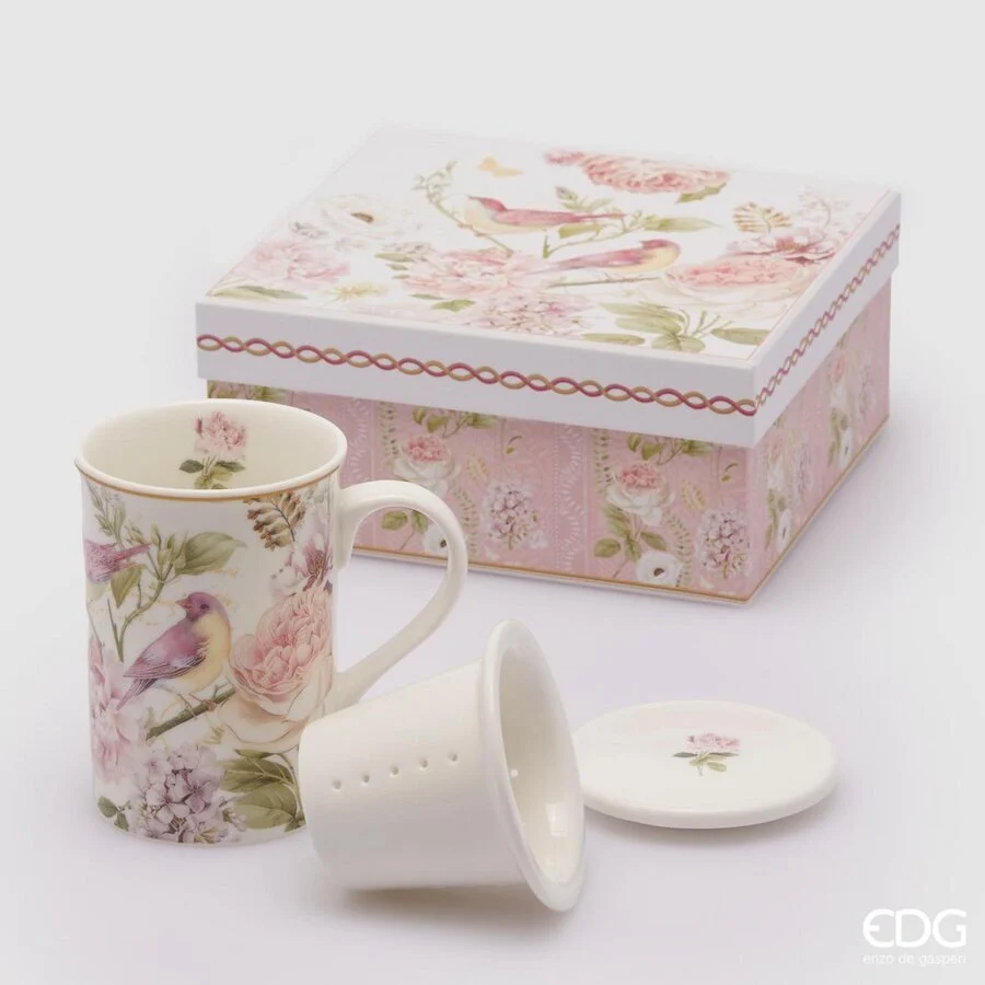 EDG Enzo De Gasperi Confezione Regalo Tazza Porcellana con Filtro e Coperchio H 11 Cm White Pink