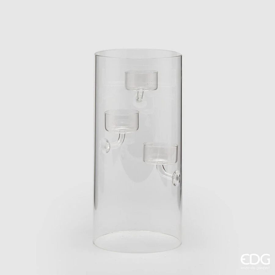 EDG Enzo De Gasperi Portacandela a Cilindro con 3 Supporti H 25 Cm D 12 Cm Vetro Natural Trasparente