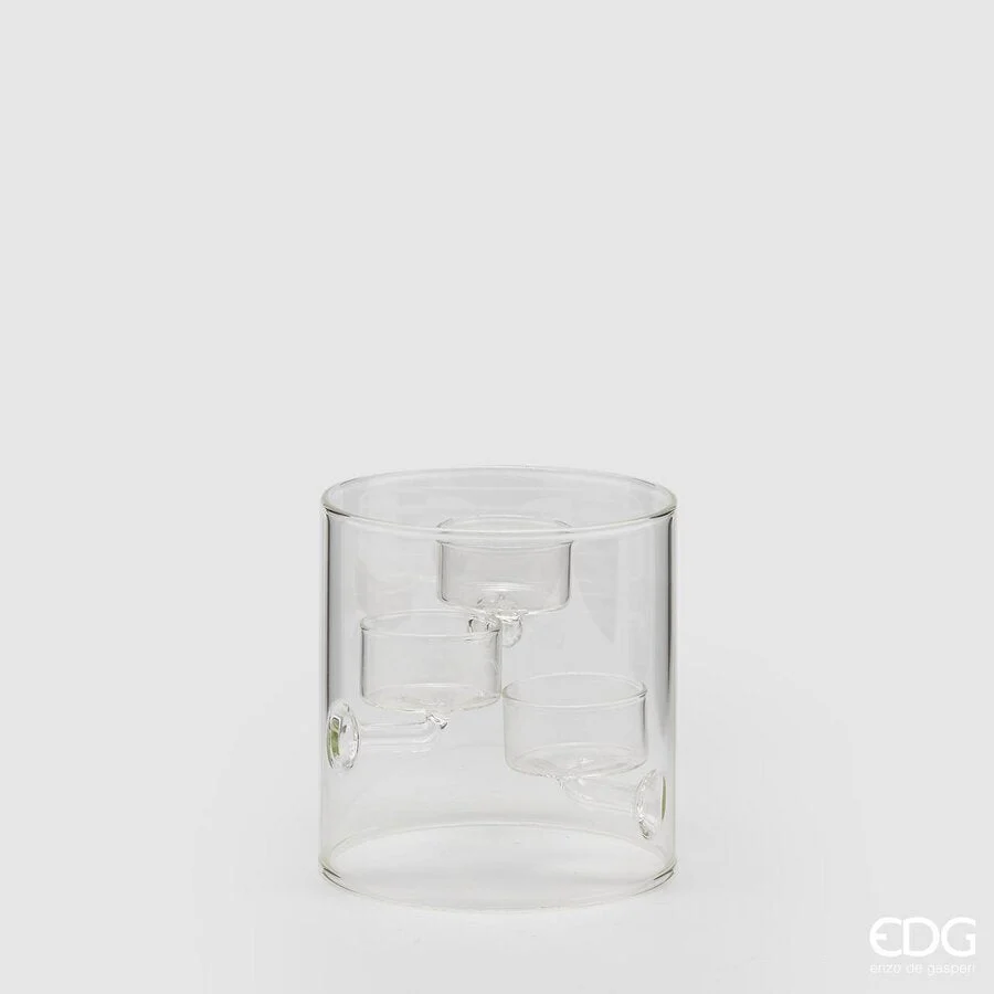 EDG Enzo De Gasperi Portacandela a Cilindro con 3 Supporti H 12 Cm D 12 Cm Vetro Natural Trasparente