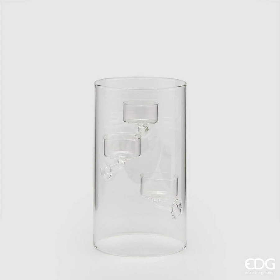 EDG Enzo De Gasperi Portacandela a Cilindro con 3 Supporti H 20 Cm D 12 Cm Vetro Natural Trasparente