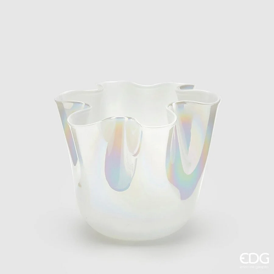 EDG Enzo De Gasperi Vaso Drappo Vetro H 18 Cm D 21 Cm Bianco Perla
