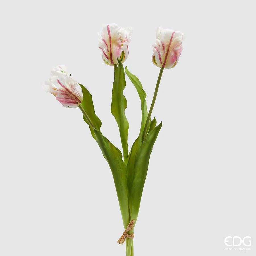 EDG Enzo De Gasperi Bouquet 3 Tulipani Parrot con Foglie Artificiali H 51 Cm White Violet