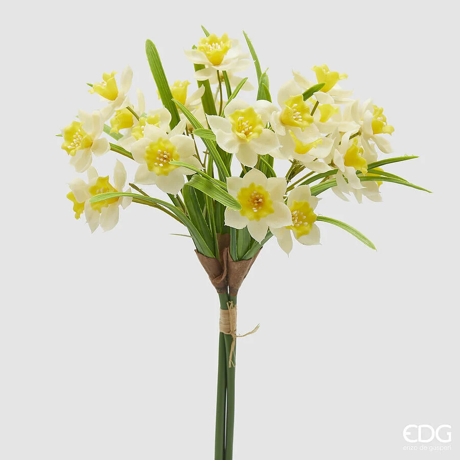 EDG Enzo De Gasperi Bouquet Narciso Artificiale 4 Mazzetti con Foglie H 38 Cm White Yellow