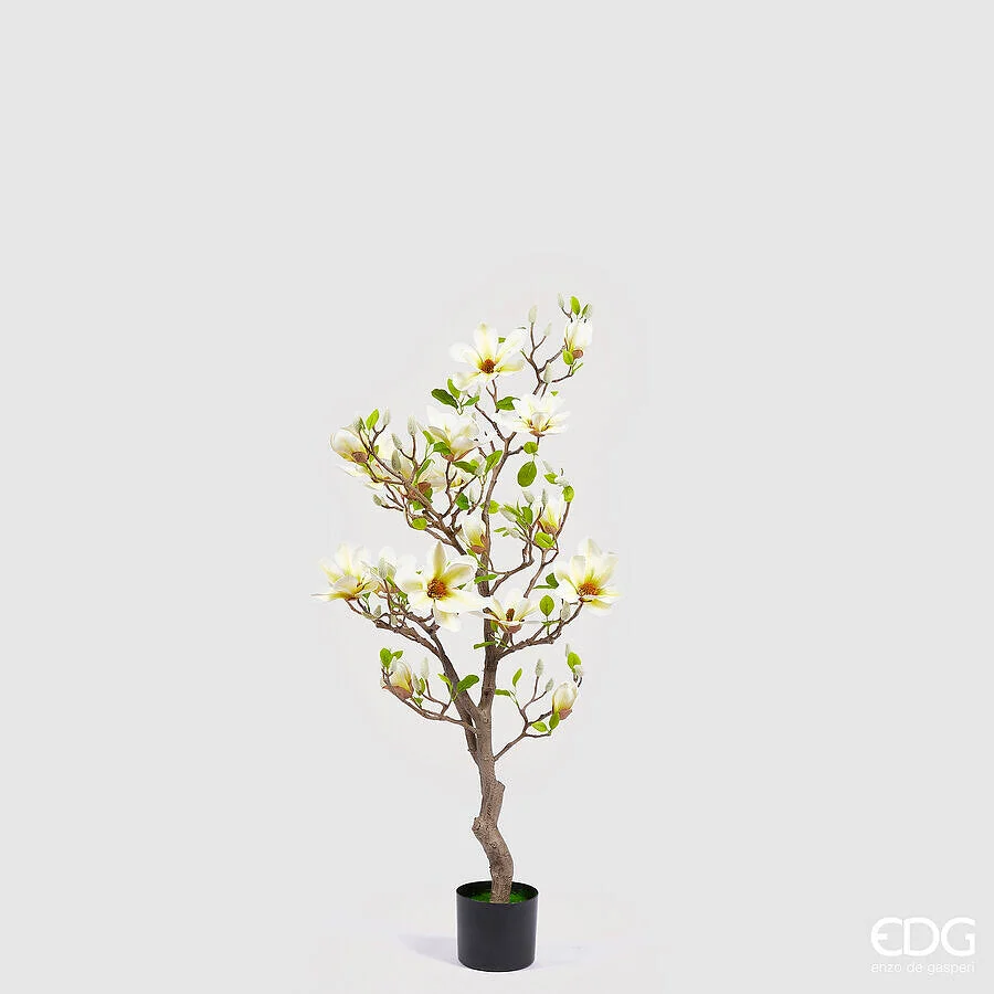 EDG Enzo De Gasperi Magnolia con Vaso, Fiori, Bocciolo e Foglie Artificiale H 130 Cm Light Yellow