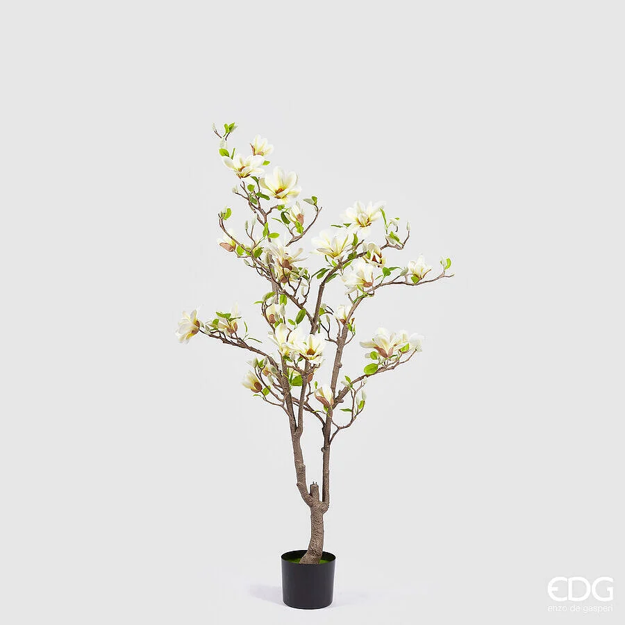 EDG Enzo De Gasperi Magnolia con Vaso, Fiori, Bocciolo e Foglie Artificiale H 145 Cm Light Yellow