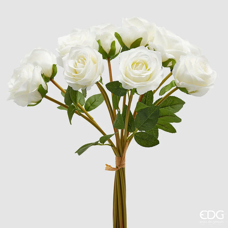 EDG Enzo De Gasperi Mazzo Rosa con Foglie H 40 Cm Bouquet 10 Fiori White