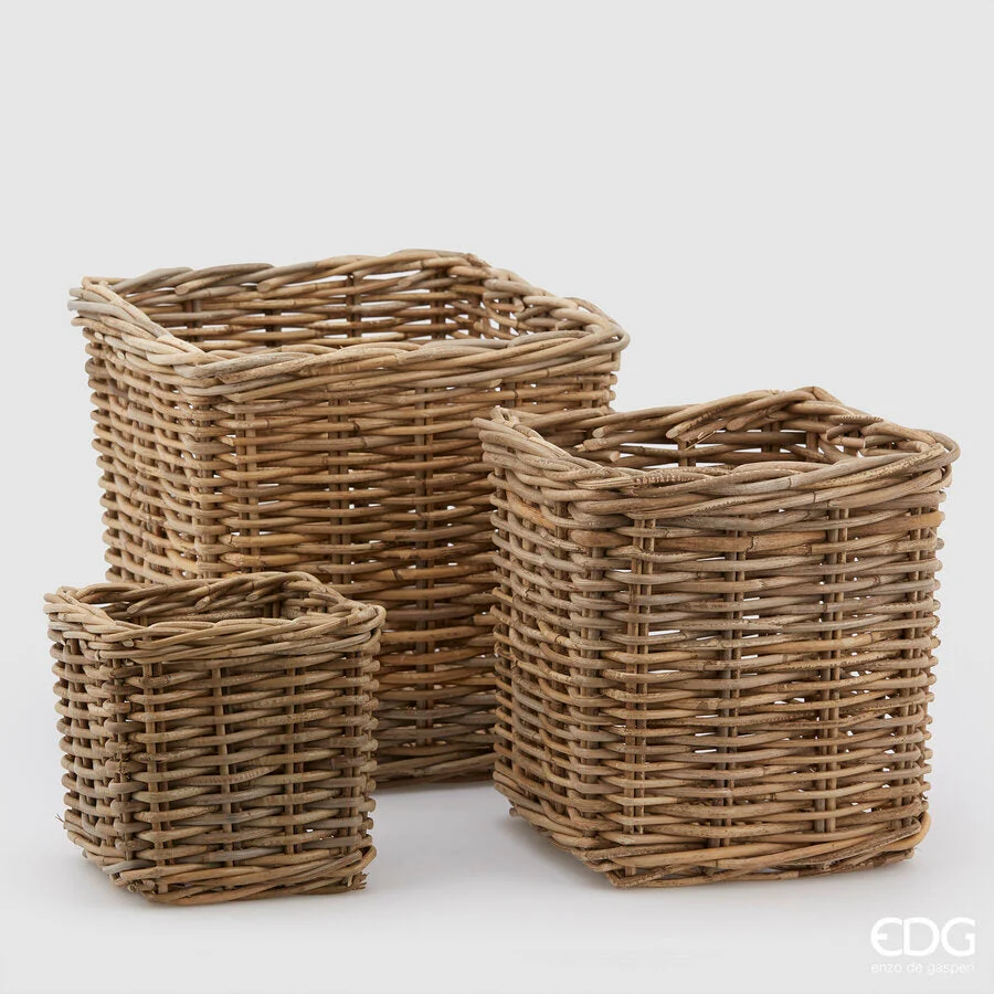 EDG Enzo De Gasperi Set 3 Pz Cesto Rattan Quadrato H 33 Cm H 25 Cm H 19 Cm Light Grey