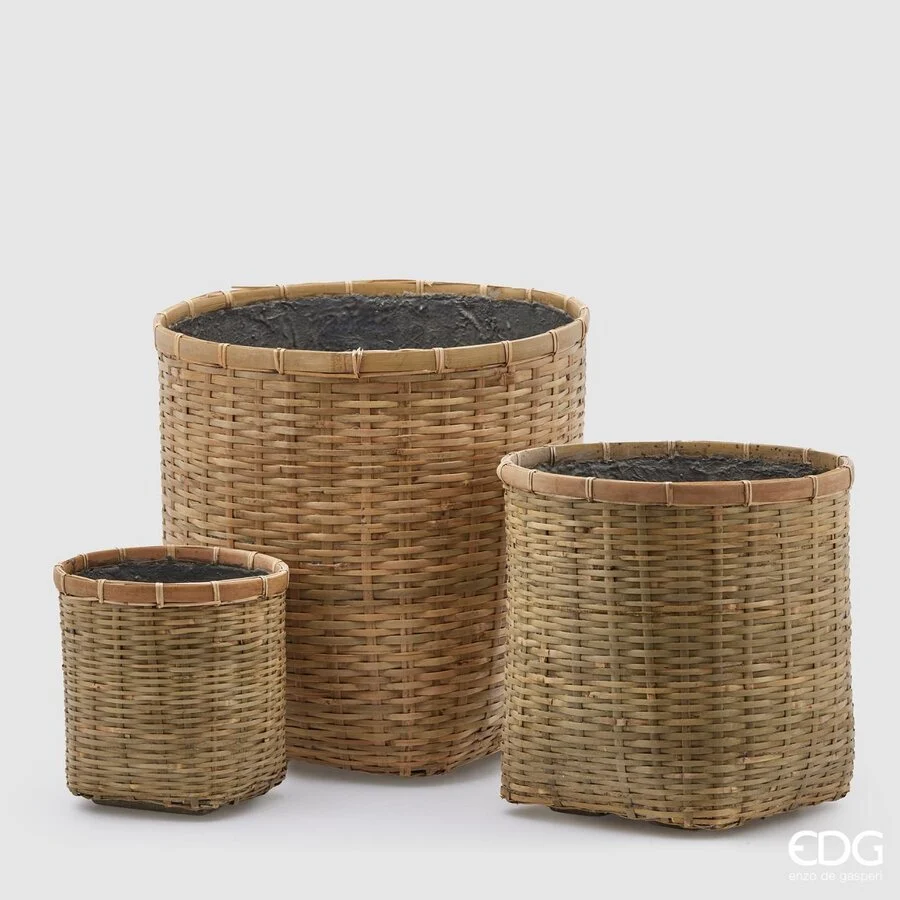 EDG Enzo De Gasperi Set 3 Pz Cesto Bamboo Mekong Resinato H 40 Cm H 30 Cm H 20 Cm Natural