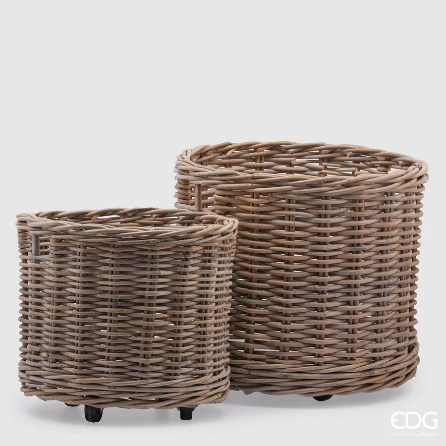 EDG Enzo De Gasperi Set 2 Pz Cesto Rattan con Ruote H 47 Cm H 36 Cm Light Grey