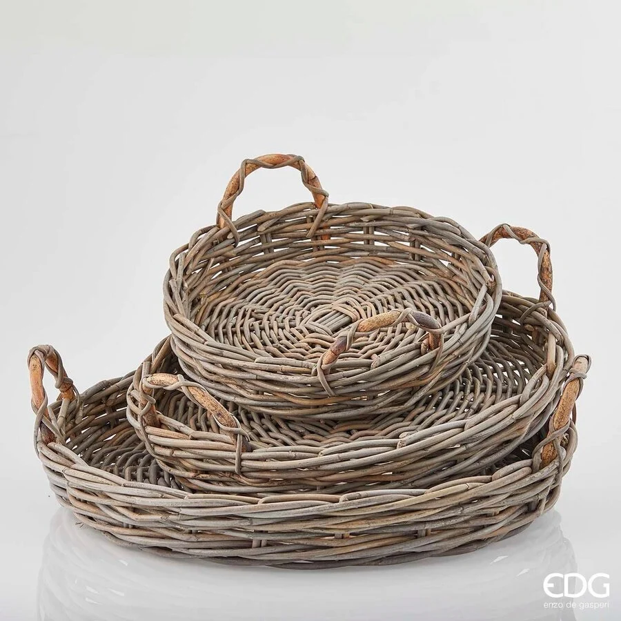 EDG Enzo De Gasperi Set 3 Pz Cesto Rattan Rotondo con Manico H 7 Cm H 8 Cm H 9 Cm Light Grey