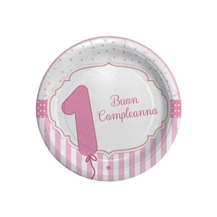 Big Party Piatti Carta Buon Primo Compleanno D 18 Cm Cf 8 Pz Rosa