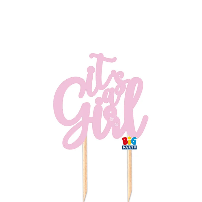 Big Party Cake Topper Italic in Carta 12 x 21 Cm It's a Girl Rosa